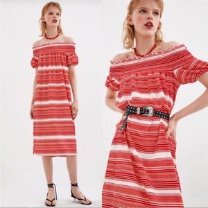 Zara Red And White Striped Off The Shoulder Bardot Neckline Midi Dress Sz.Large